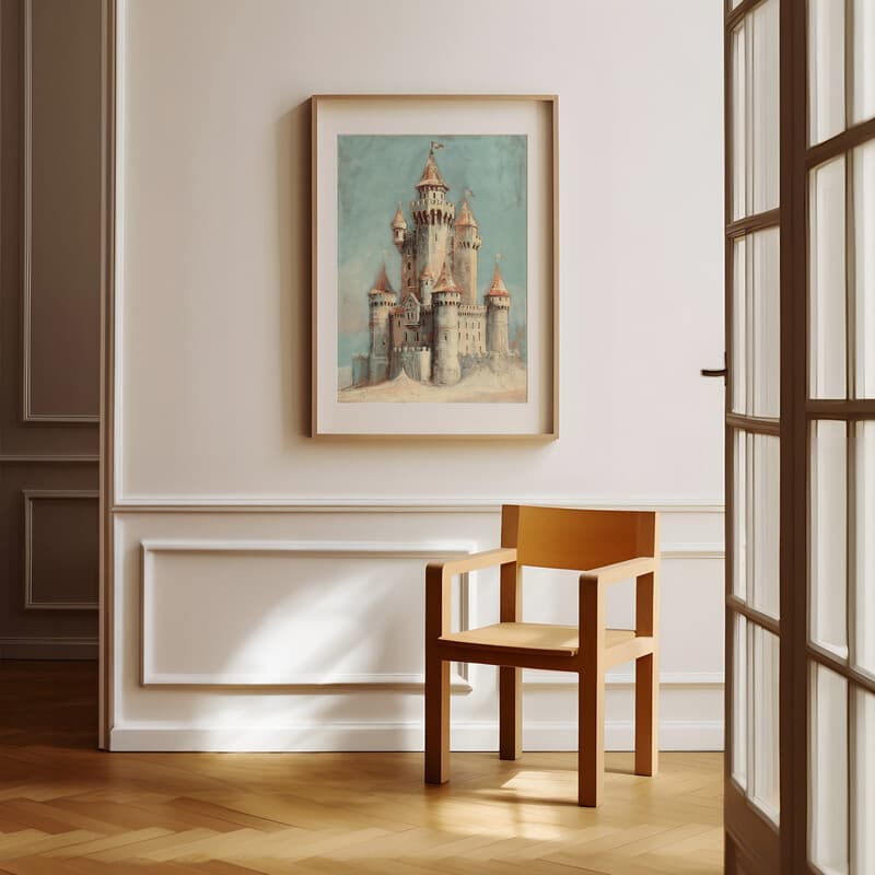 Room view with a matted frame of A vintage pastel pencil illustration, a sandcastle