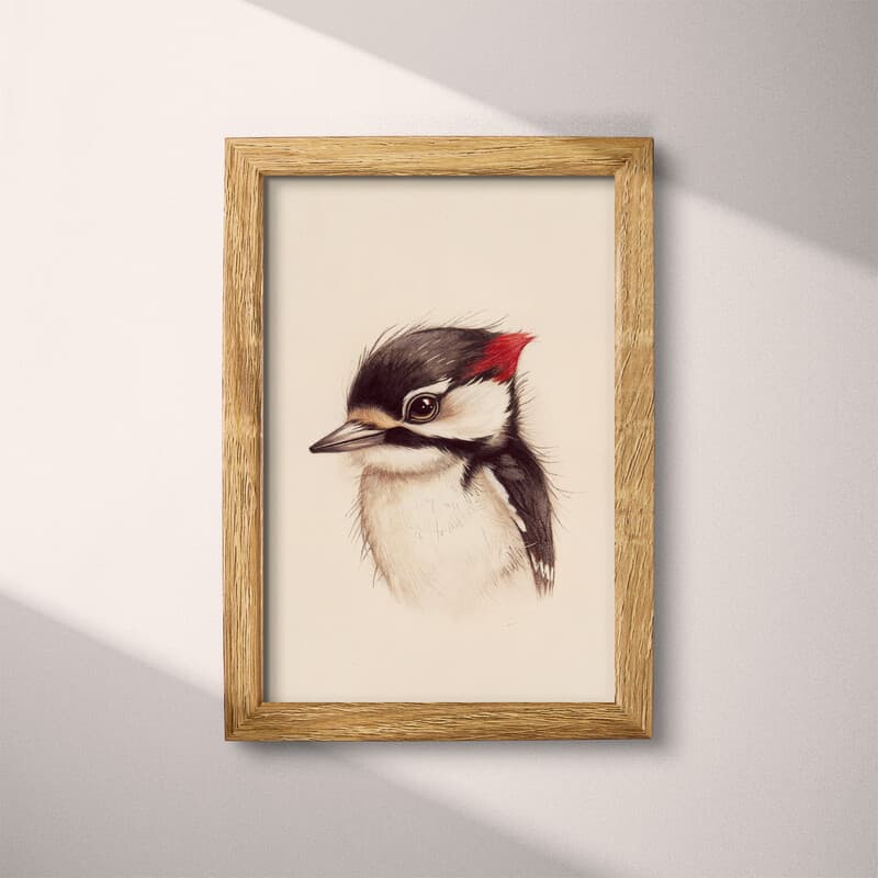 Full frame view of A cute chibi anime colored pencil illustration, a woodpecker