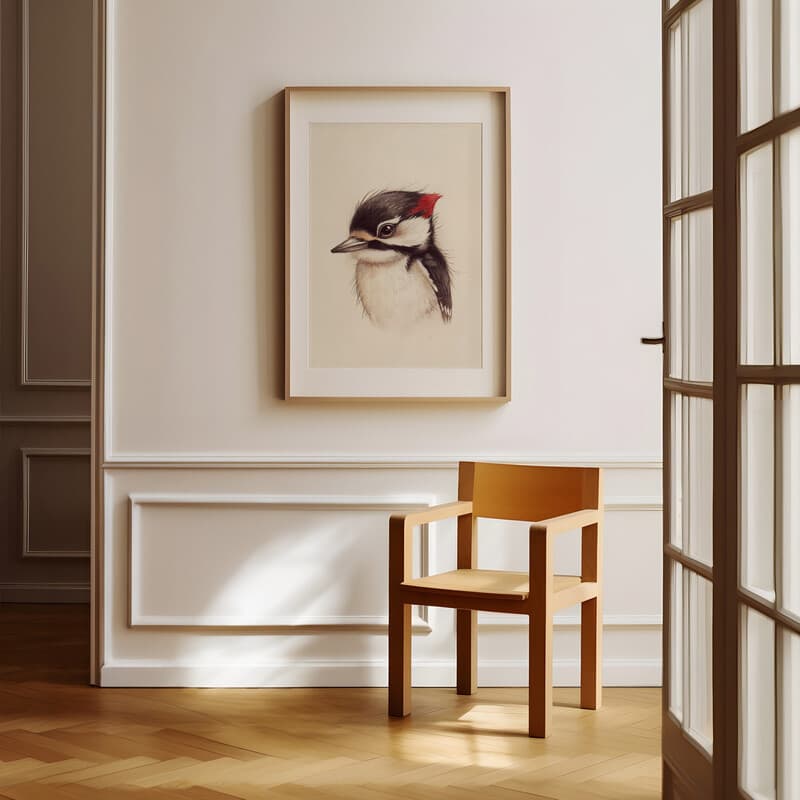 Room view with a matted frame of A cute chibi anime colored pencil illustration, a woodpecker