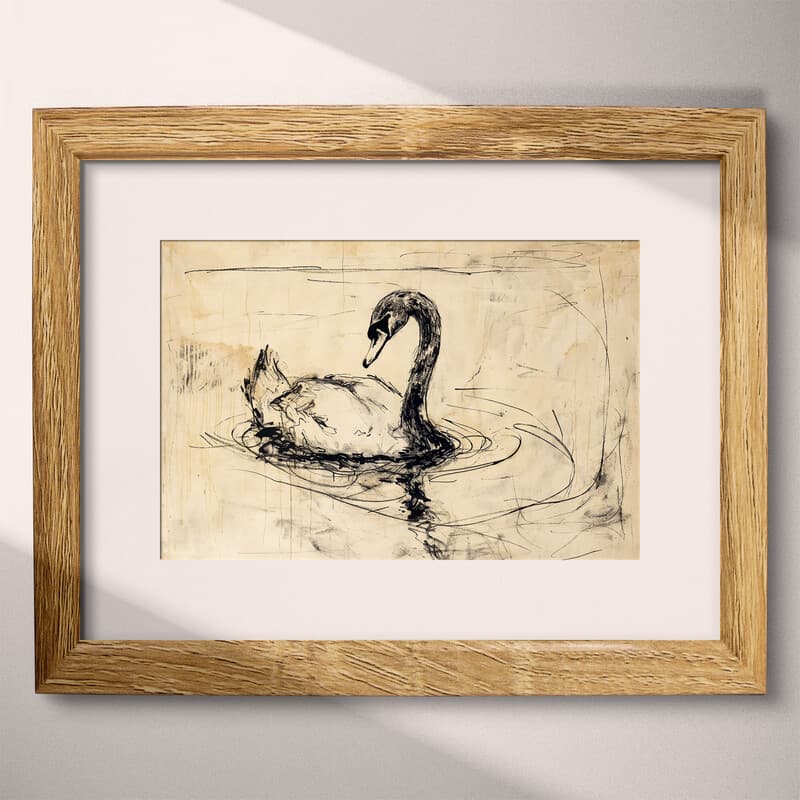 Matted frame view of A vintage graphite sketch, a swan