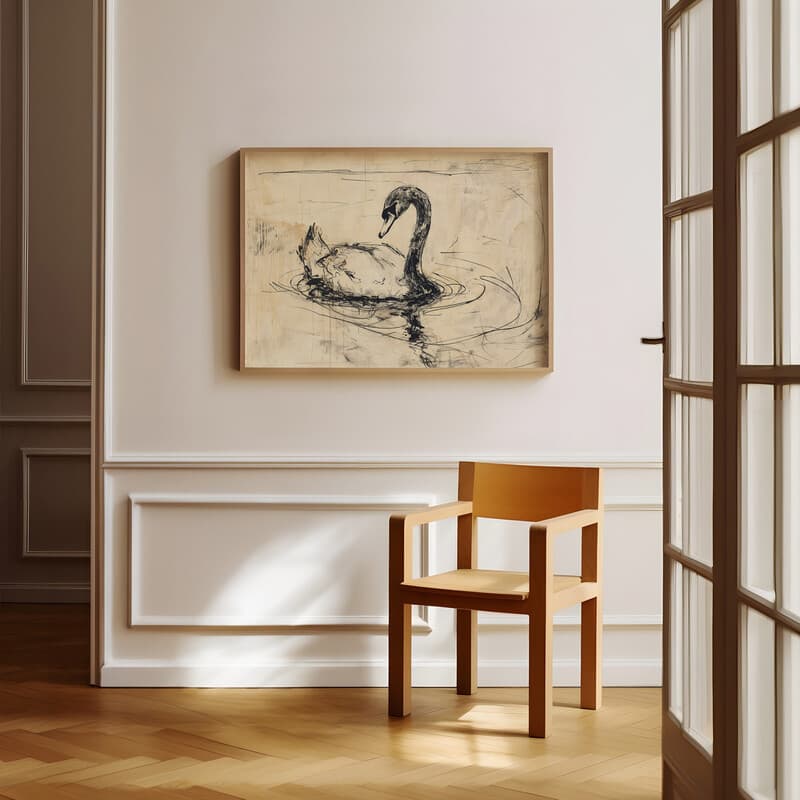 Room view with a full frame of A vintage graphite sketch, a swan