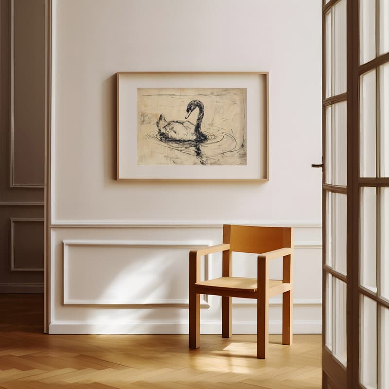 Room view with a matted frame of A vintage graphite sketch, a swan