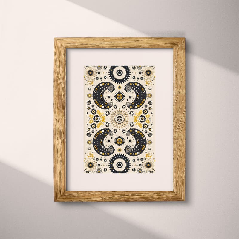 Matted frame view of An industrial textile print, symmetric pattern of gears and cogs