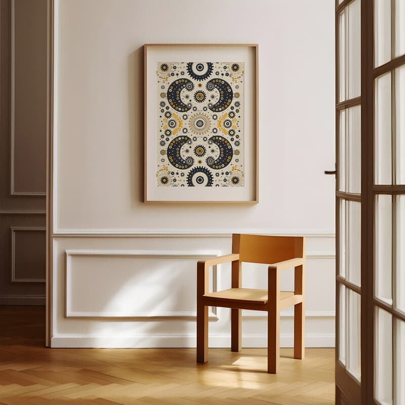 Room view with a matted frame of An industrial textile print, symmetric pattern of gears and cogs