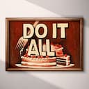 Full frame view of A vintage linocut print, the words "DO IT ALL" with a cake