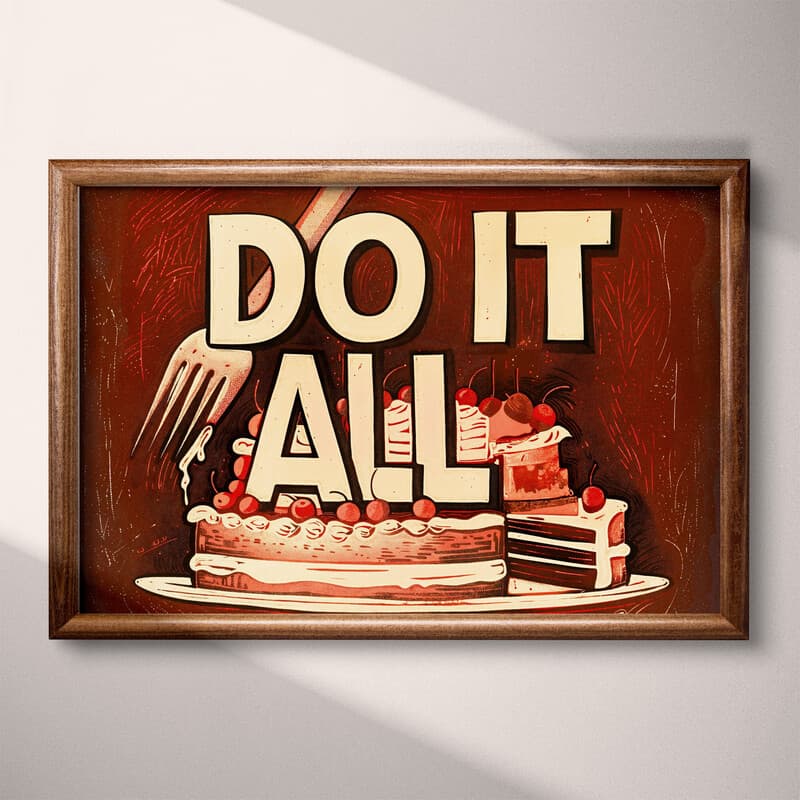 Full frame view of A vintage linocut print, the words "DO IT ALL" with a cake