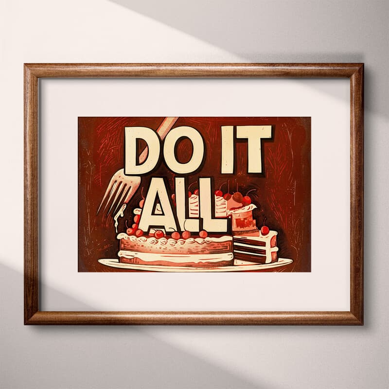 Matted frame view of A vintage linocut print, the words "DO IT ALL" with a cake