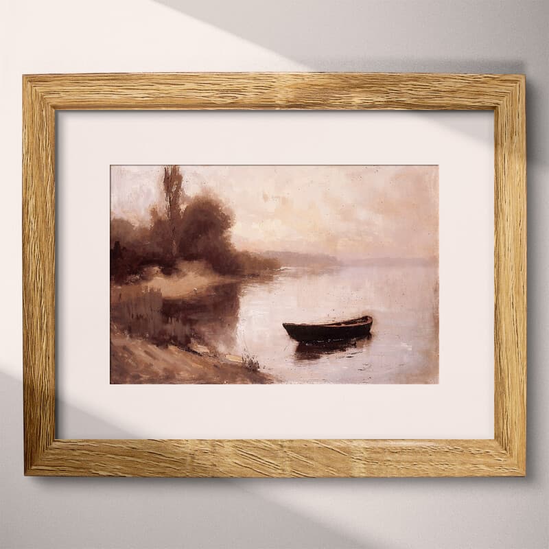 Matted frame view of An impressionist oil painting, a small boat on a lake