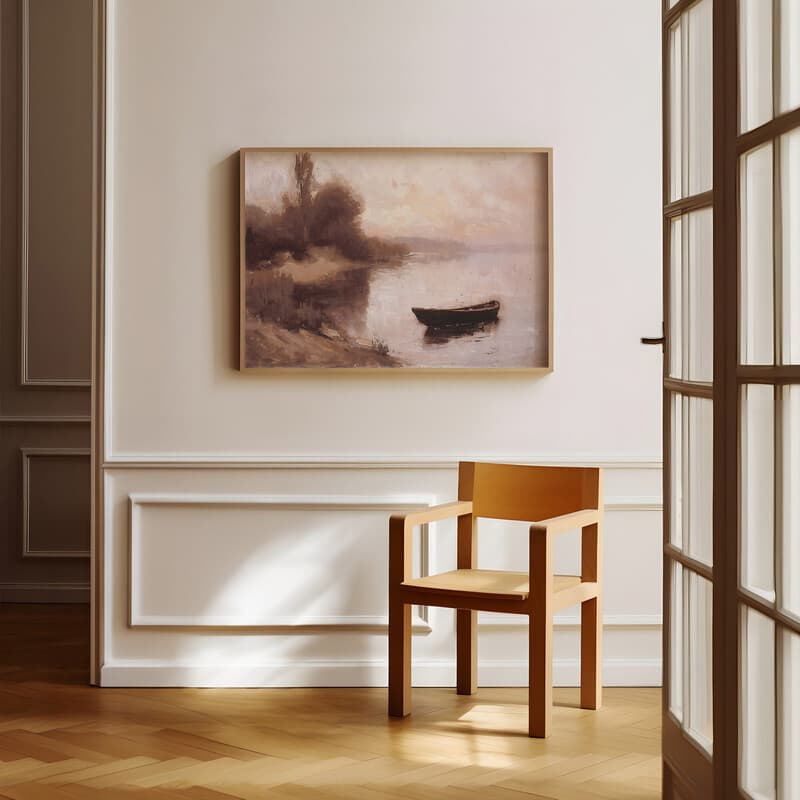 Room view with a full frame of An impressionist oil painting, a small boat on a lake