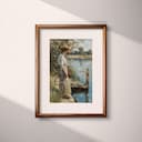 Matted frame view of A vintage oil painting, a woman at a dock in summer, side view