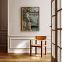 Room view with a full frame of A vintage oil painting, a woman at a dock in summer, side view