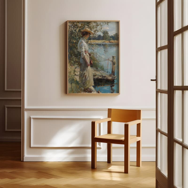 Room view with a full frame of A vintage oil painting, a woman at a dock in summer, side view