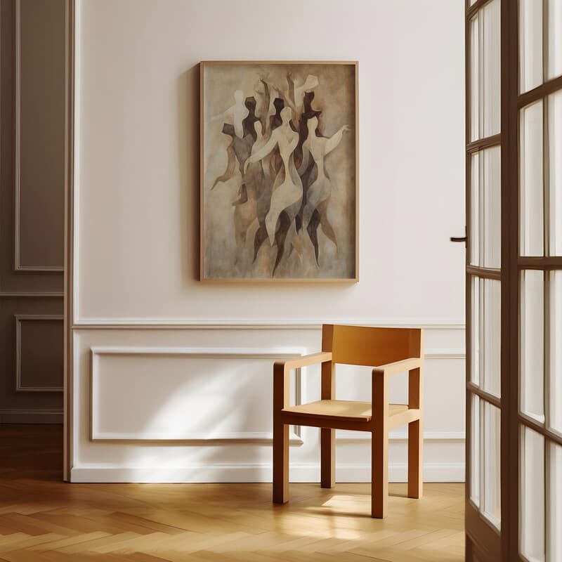 Room view with a full frame of An abstract vintage oil painting, a group of people dancing