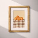 Matted frame view of An art nouveau pastel pencil illustration, oranges on a checkered tablecloth