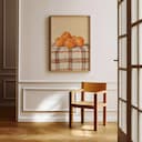 Room view with a full frame of An art nouveau pastel pencil illustration, oranges on a checkered tablecloth