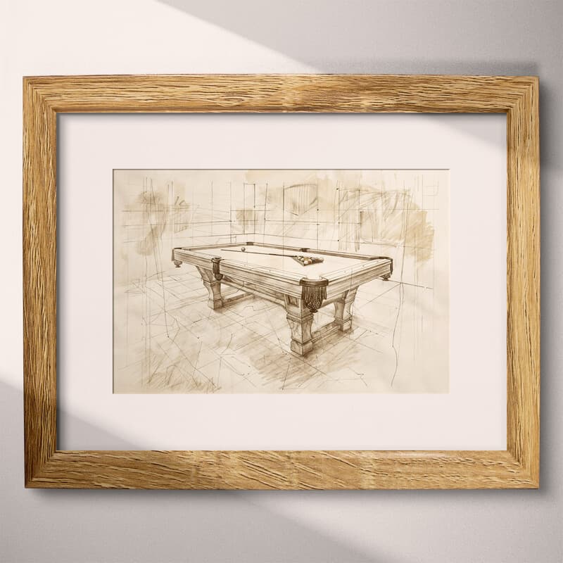 Matted frame view of A vintage pencil sketch, a pool table