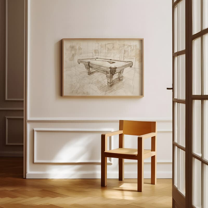 Room view with a full frame of A vintage pencil sketch, a pool table