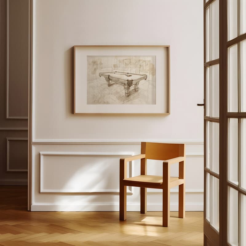 Room view with a matted frame of A vintage pencil sketch, a pool table