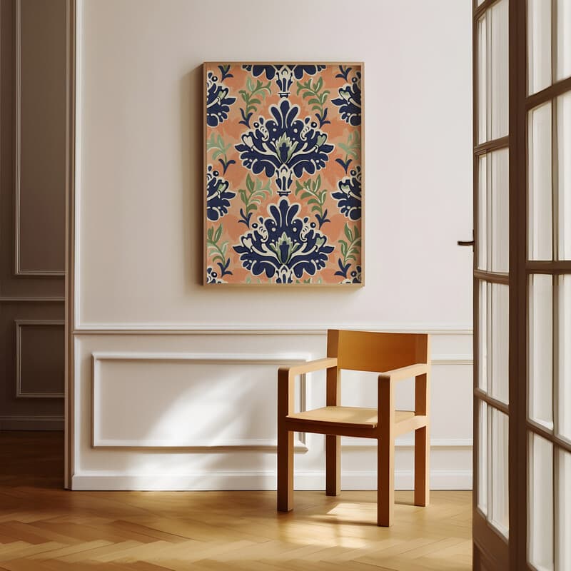 Room view with a full frame of A contemporary textile print, symmetric simple pattern