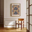 Room view with a matted frame of A contemporary textile print, symmetric simple pattern