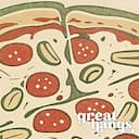 Closeup view of A vintage linocut print, the word "PIZZA" with a pizza