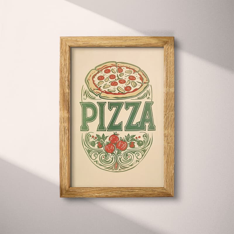 Full frame view of A vintage linocut print, the word "PIZZA" with a pizza