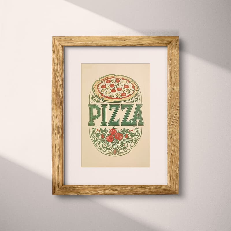 Matted frame view of A vintage linocut print, the word "PIZZA" with a pizza