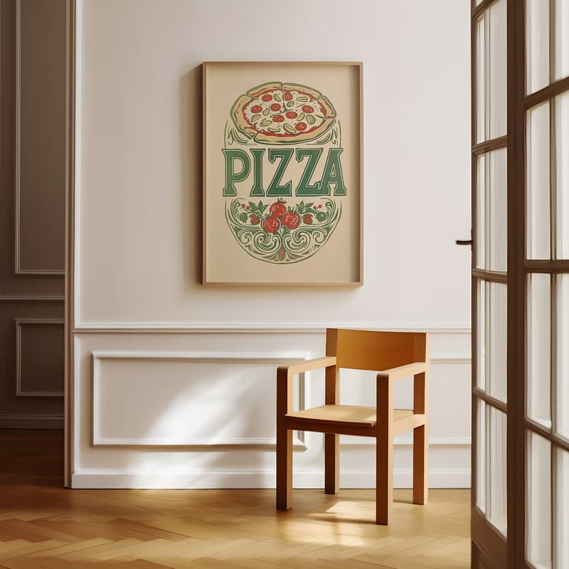 Room view with a full frame of A vintage linocut print, the word "PIZZA" with a pizza