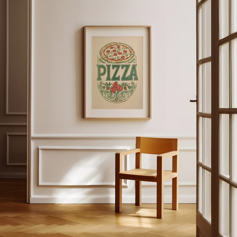 Room view with a matted frame of A vintage linocut print, the word "PIZZA" with a pizza