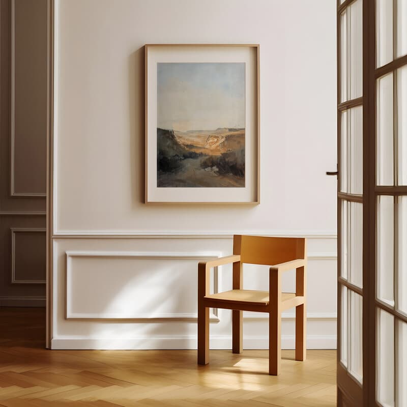 Room view with a matted frame of An impressionist oil painting, desert plateau landscape