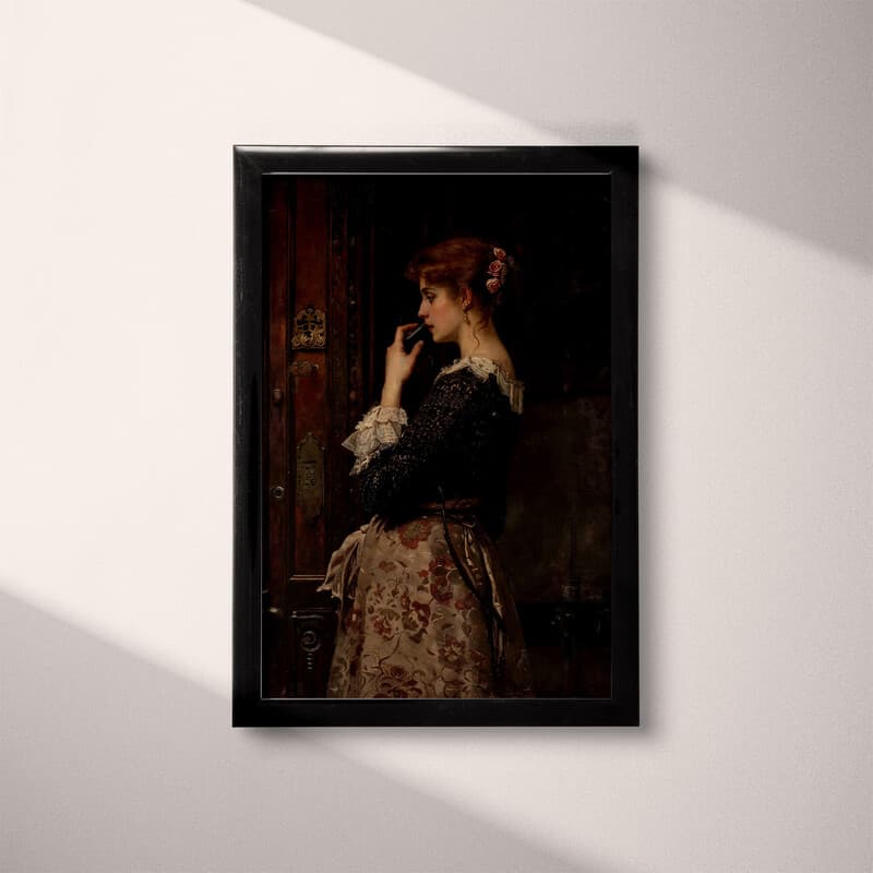 Full frame view of A vintage oil painting, a woman on the phone, side view