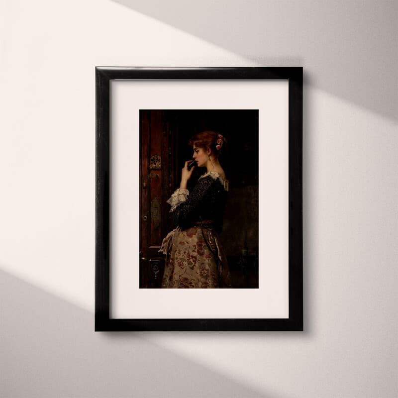 Matted frame view of A vintage oil painting, a woman on the phone, side view