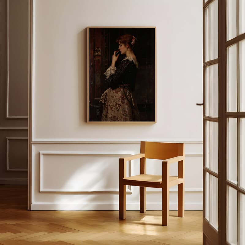 Room view with a full frame of A vintage oil painting, a woman on the phone, side view