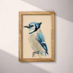 Blue Jay Art | Wildlife Wall Art | Animals Print | Beige, Brown, Black and Blue Decor | Vintage Wall Decor | Living Room Digital Download | Housewarming Art | Autumn Wall Art | Pastel Pencil Illustration