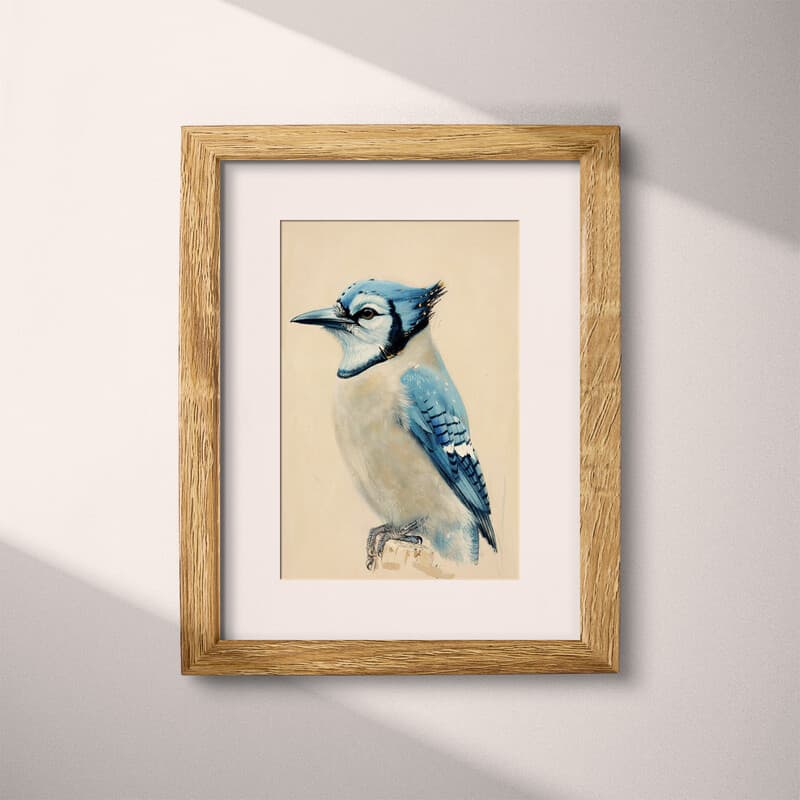 Matted frame view of A vintage pastel pencil illustration, a blue jay