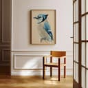 Room view with a full frame of A vintage pastel pencil illustration, a blue jay