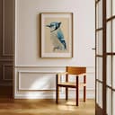 Room view with a matted frame of A vintage pastel pencil illustration, a blue jay