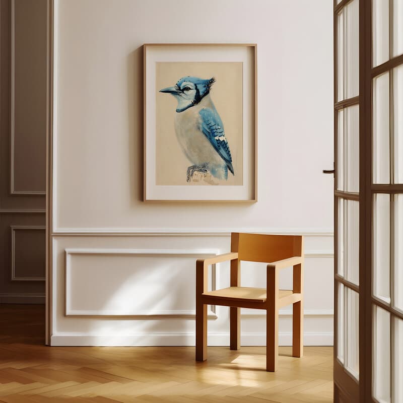 Room view with a matted frame of A vintage pastel pencil illustration, a blue jay