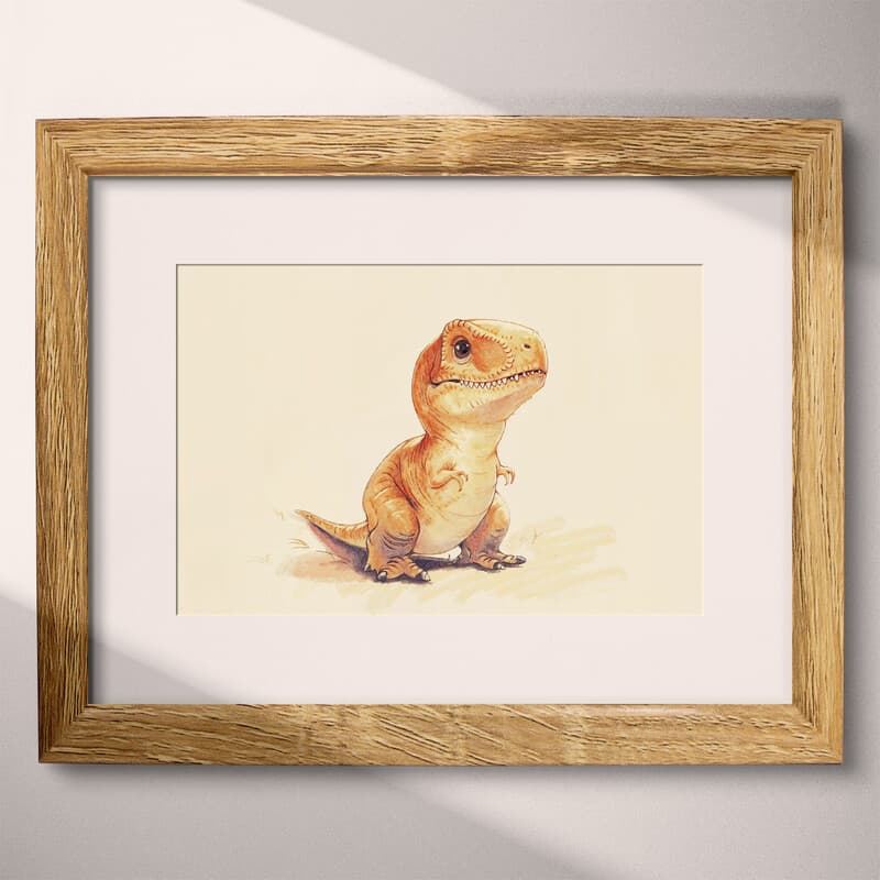 Matted frame view of A cute chibi anime pastel pencil illustration, a tyrannosaurus rex