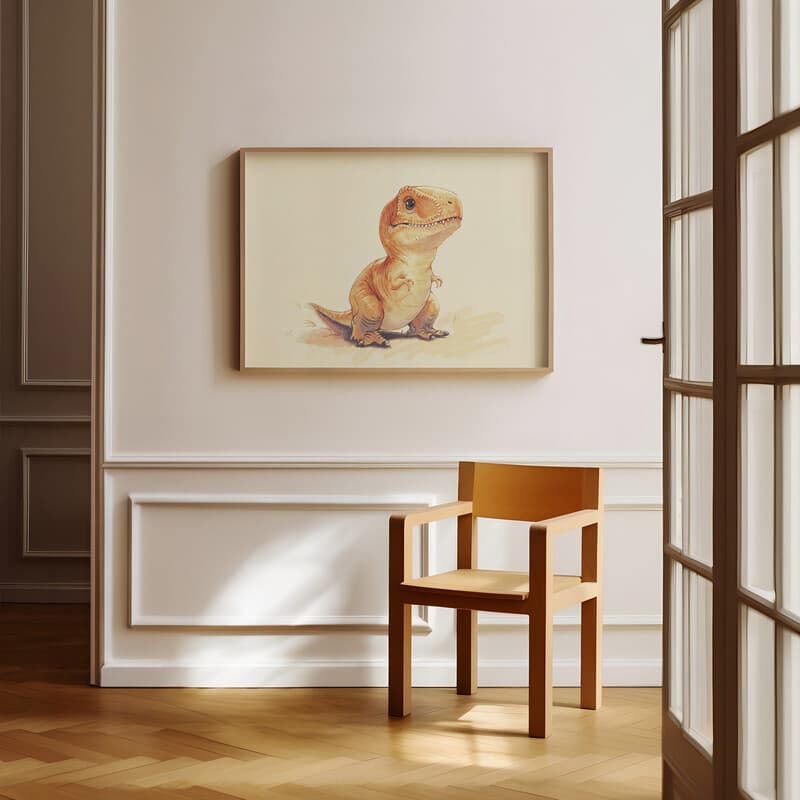 Room view with a full frame of A cute chibi anime pastel pencil illustration, a tyrannosaurus rex