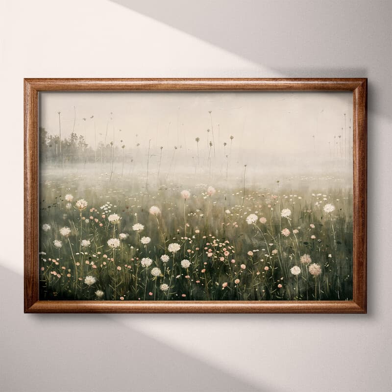 Full frame view of A vintage oil painting, a spring meadow, field dotted with white and pink flowers