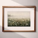 Matted frame view of A vintage oil painting, a spring meadow, field dotted with white and pink flowers