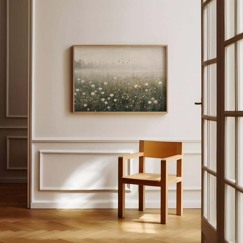 Room view with a full frame of A vintage oil painting, a spring meadow, field dotted with white and pink flowers