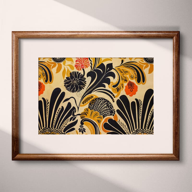 Matted frame view of An art nouveau textile print, intricate pattern