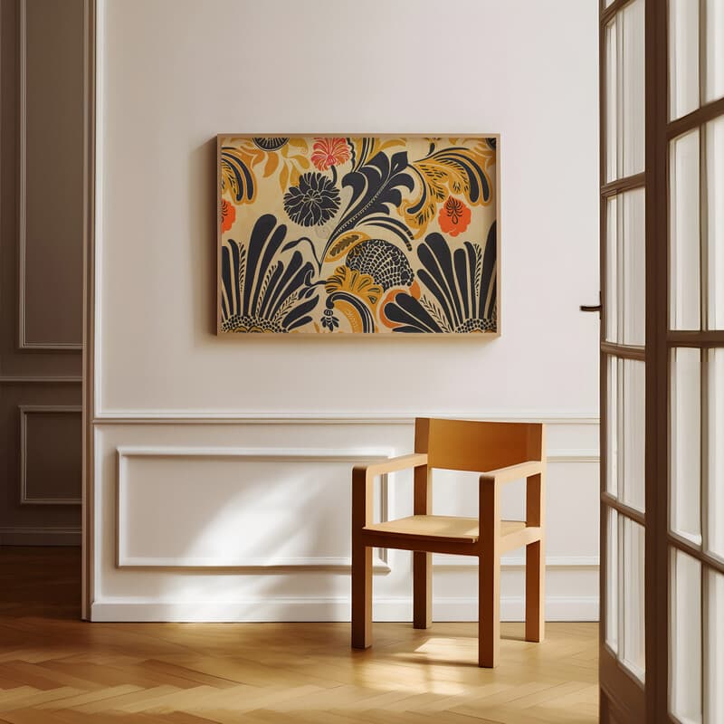 Room view with a full frame of An art nouveau textile print, intricate pattern