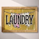 Full frame view of A vintage linocut print, the words "LAUNDRY" with a clothesline