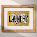 Matted frame view of A vintage linocut print, the words "LAUNDRY" with a clothesline