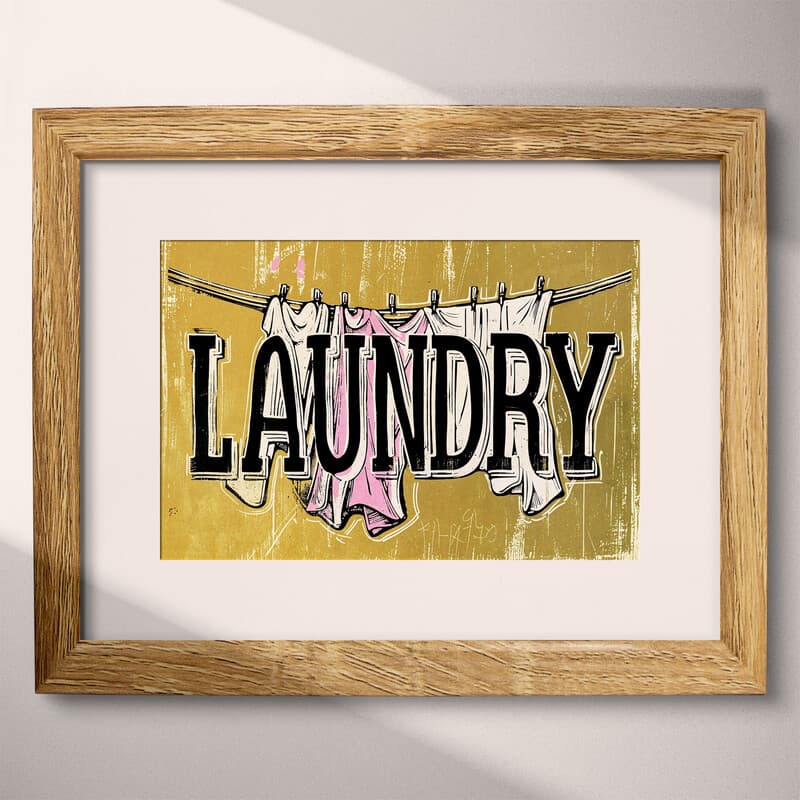 Matted frame view of A vintage linocut print, the words "LAUNDRY" with a clothesline