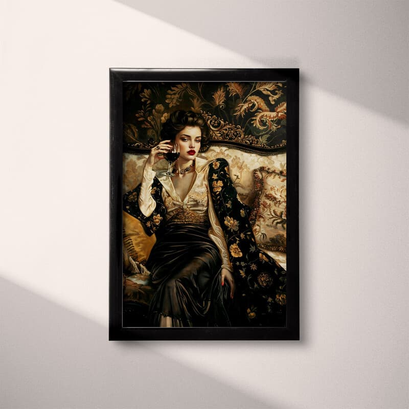 Full frame view of A vintage oil painting, a fashionable woman on a couch drinking wine