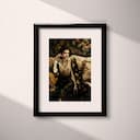 Matted frame view of A vintage oil painting, a fashionable woman on a couch drinking wine